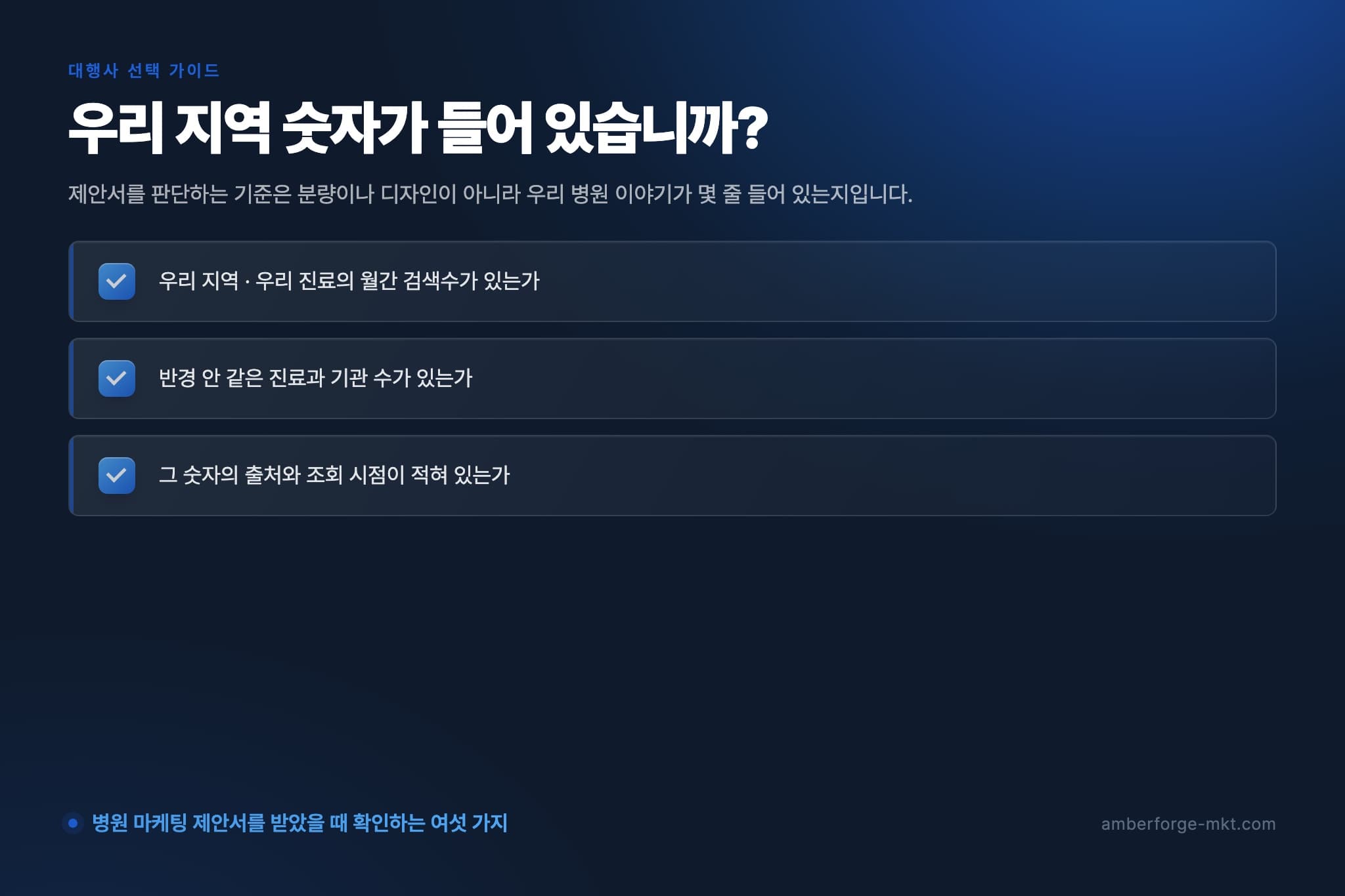 우리 지역 숫자가 들어 있습니까? — 우리 지역 · 우리 진료의 월간 검색수가 있는가 · 반경 안 같은 진료과 기관 수가 있는가 · 그 숫자의 출처와 조회 시점이 적혀 있는가