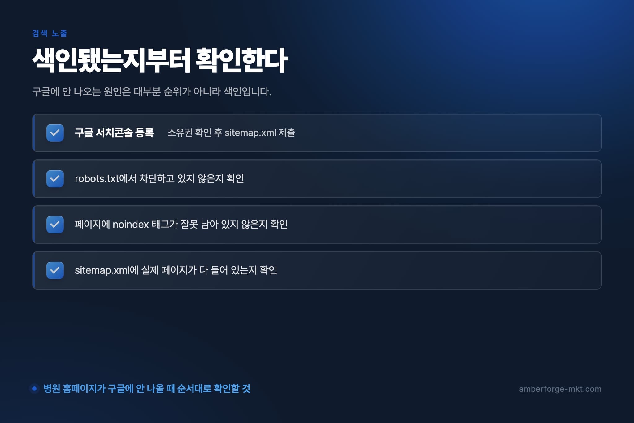 색인됐는지부터 확인한다 — 구글 서치콘솔 등록 · robots.txt에서 차단하고 있지 않은지 확인 · 페이지에 noindex 태그가 잘못 남아 있지 않은지 확인 · sitemap.xml에 실제 페이지가 다 들어 있는지 확인